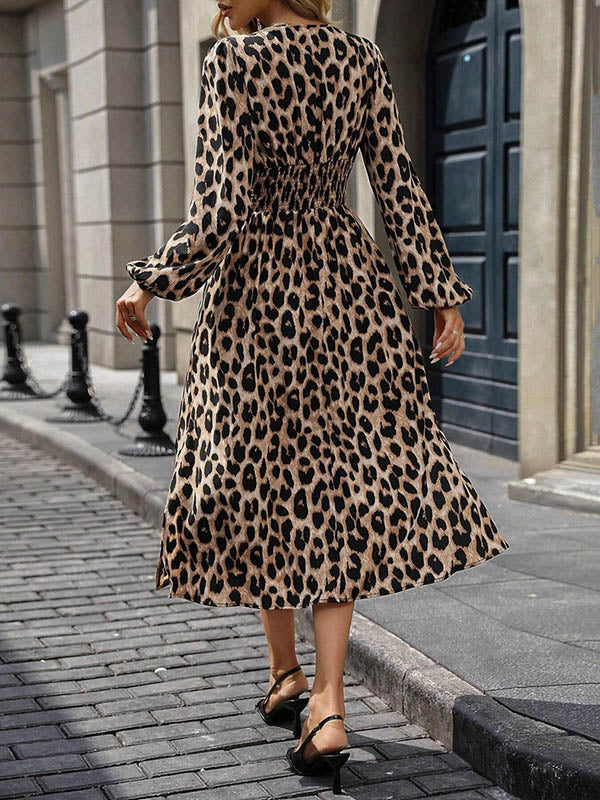 Elasticated Waist High Waisted Contrast Color Leopard Pleated Split-Joint V-Neck Maxi Dresses - Image 7