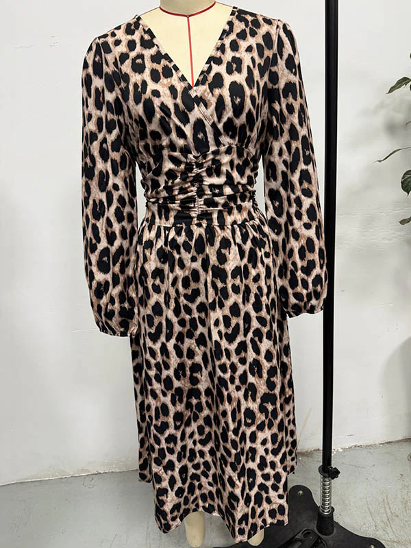 Elasticated Waist High Waisted Contrast Color Leopard Pleated Split-Joint V-Neck Maxi Dresses - Image 8