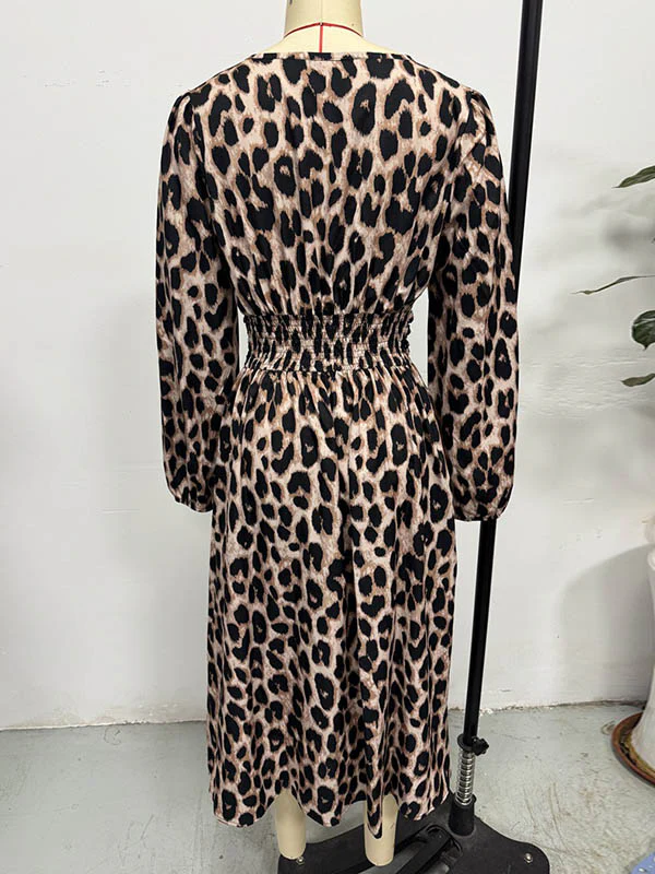 Elasticated Waist High Waisted Contrast Color Leopard Pleated Split-Joint V-Neck Maxi Dresses - Image 9