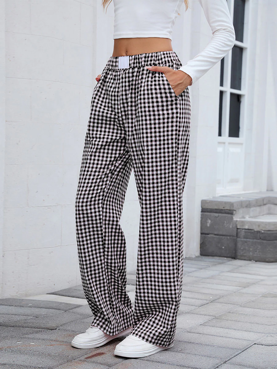 Elasticated Waist High Waisted Contrast Color Plaid Pockets Split-Joint Pants Trousers - Image 11