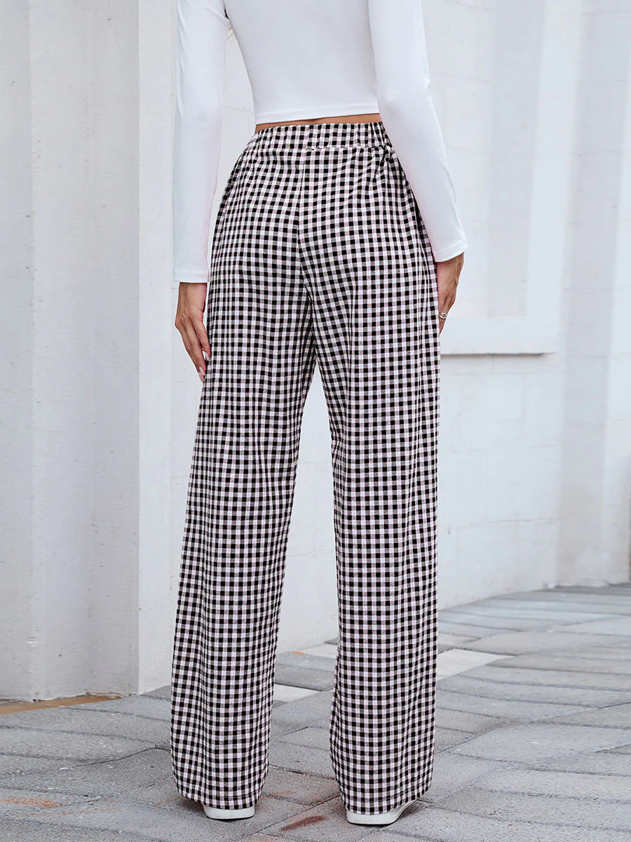 Elasticated Waist High Waisted Contrast Color Plaid Pockets Split-Joint Pants Trousers - Image 13