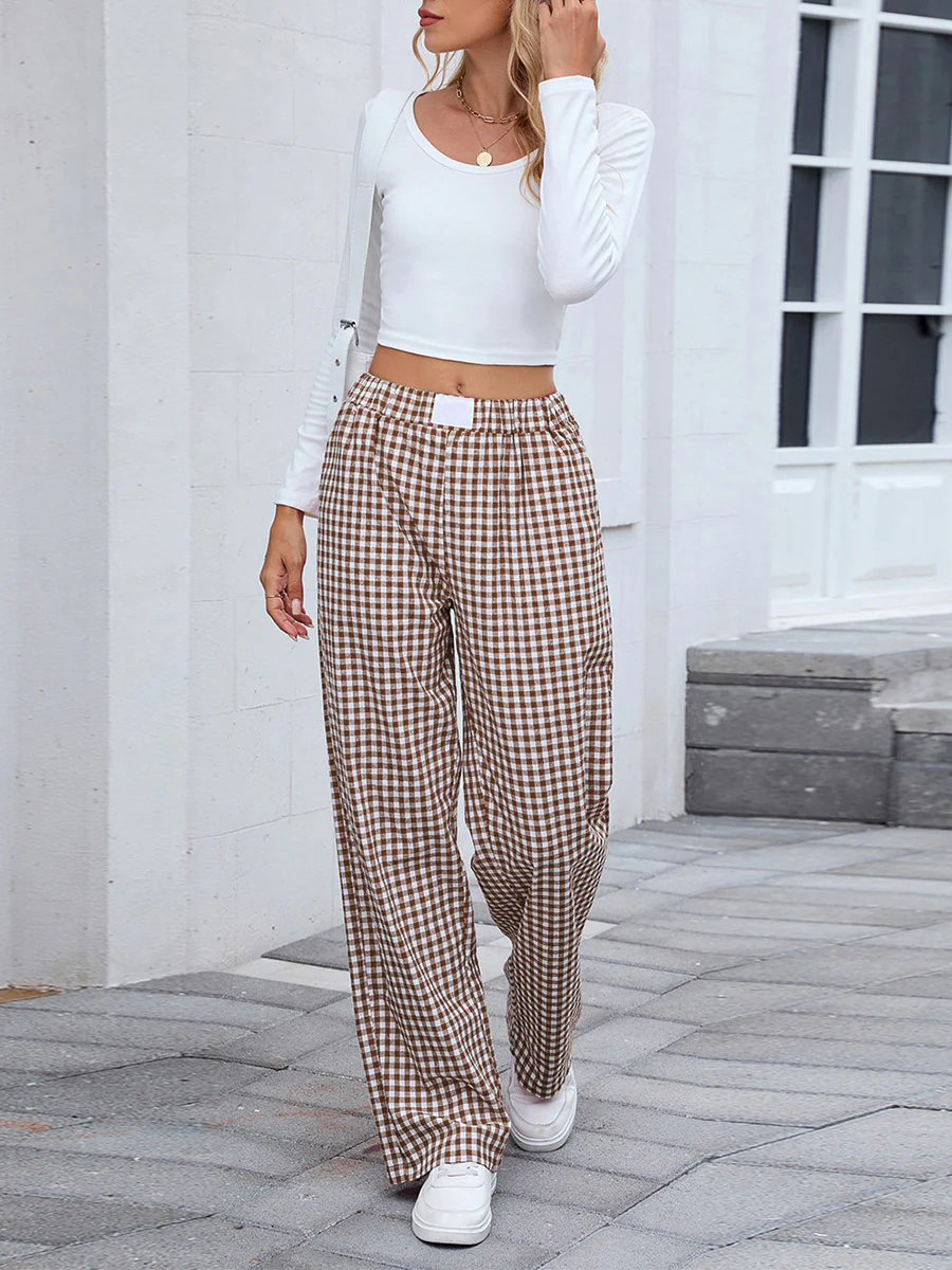 Elasticated Waist High Waisted Contrast Color Plaid Pockets Split-Joint Pants Trousers - Image 16