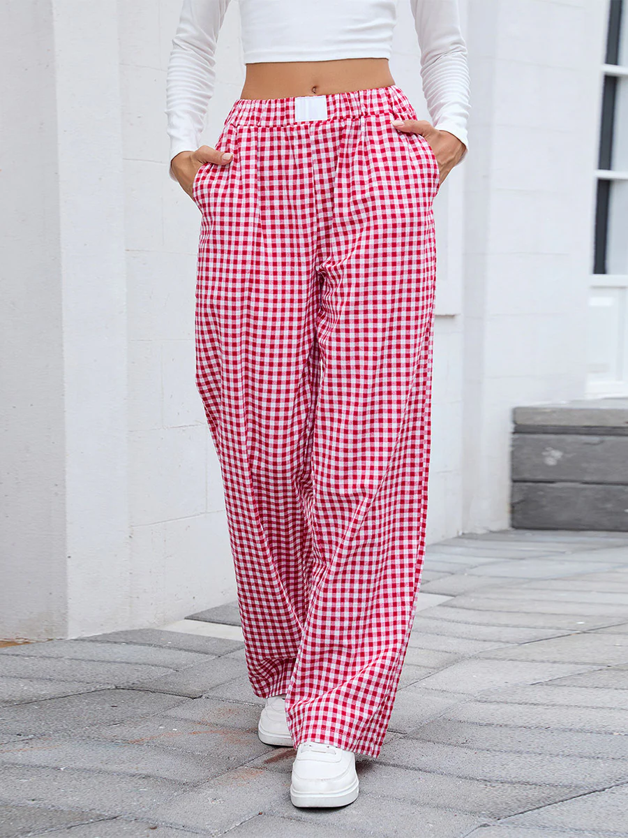 Elasticated Waist High Waisted Contrast Color Plaid Pockets Split-Joint Pants Trousers - Image 2