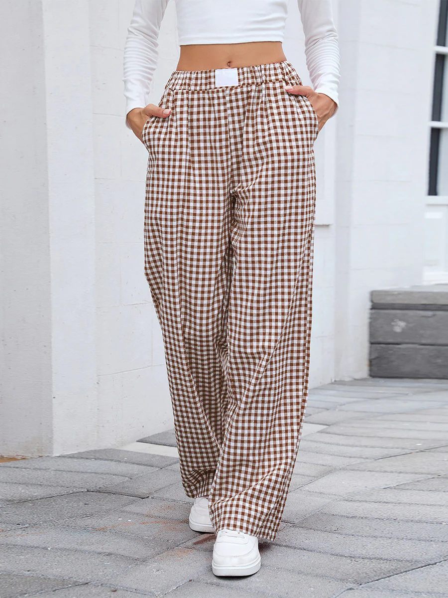 Elasticated Waist High Waisted Contrast Color Plaid Pockets Split-Joint Pants Trousers - Image 3