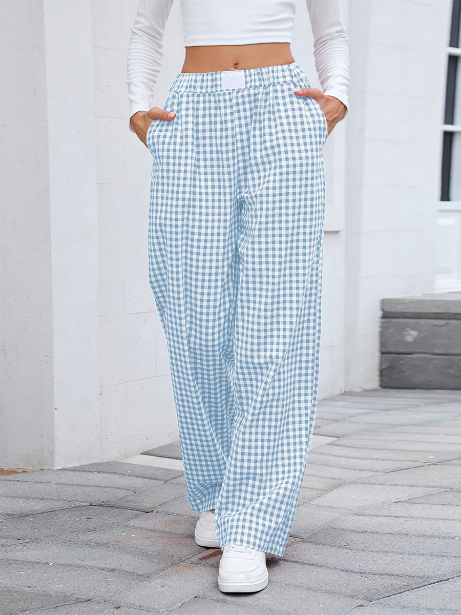 Elasticated Waist High Waisted Contrast Color Plaid Pockets Split-Joint Pants Trousers - Image 4