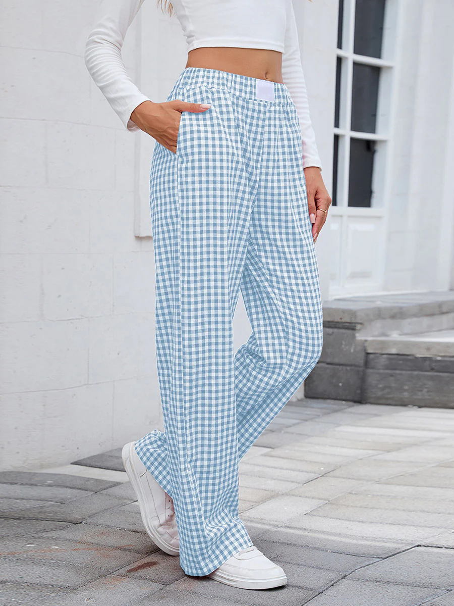 Elasticated Waist High Waisted Contrast Color Plaid Pockets Split-Joint Pants Trousers - Image 6