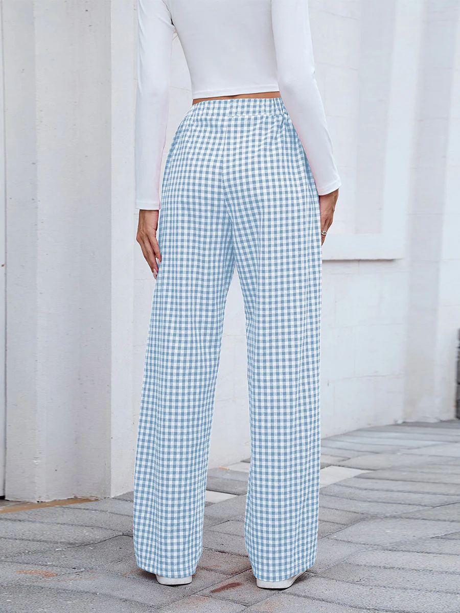 Elasticated Waist High Waisted Contrast Color Plaid Pockets Split-Joint Pants Trousers - Image 8