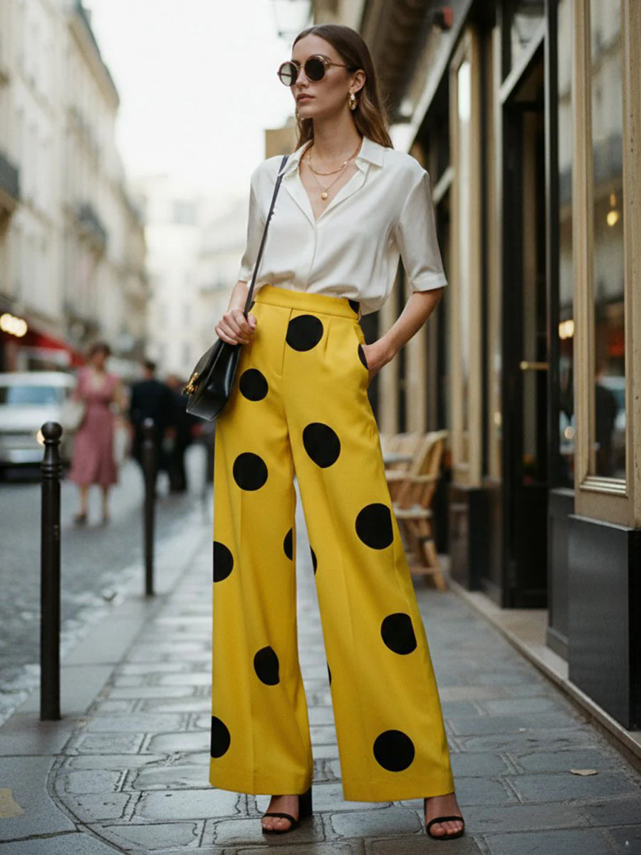 Elasticated Waist High Waisted Contrast Color Pockets Polka-Dot Split-Joint Pants - Image 2