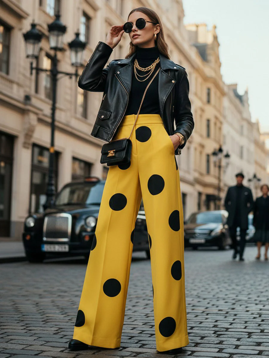 Elasticated Waist High Waisted Contrast Color Pockets Polka-Dot Split-Joint Pants - Image 3