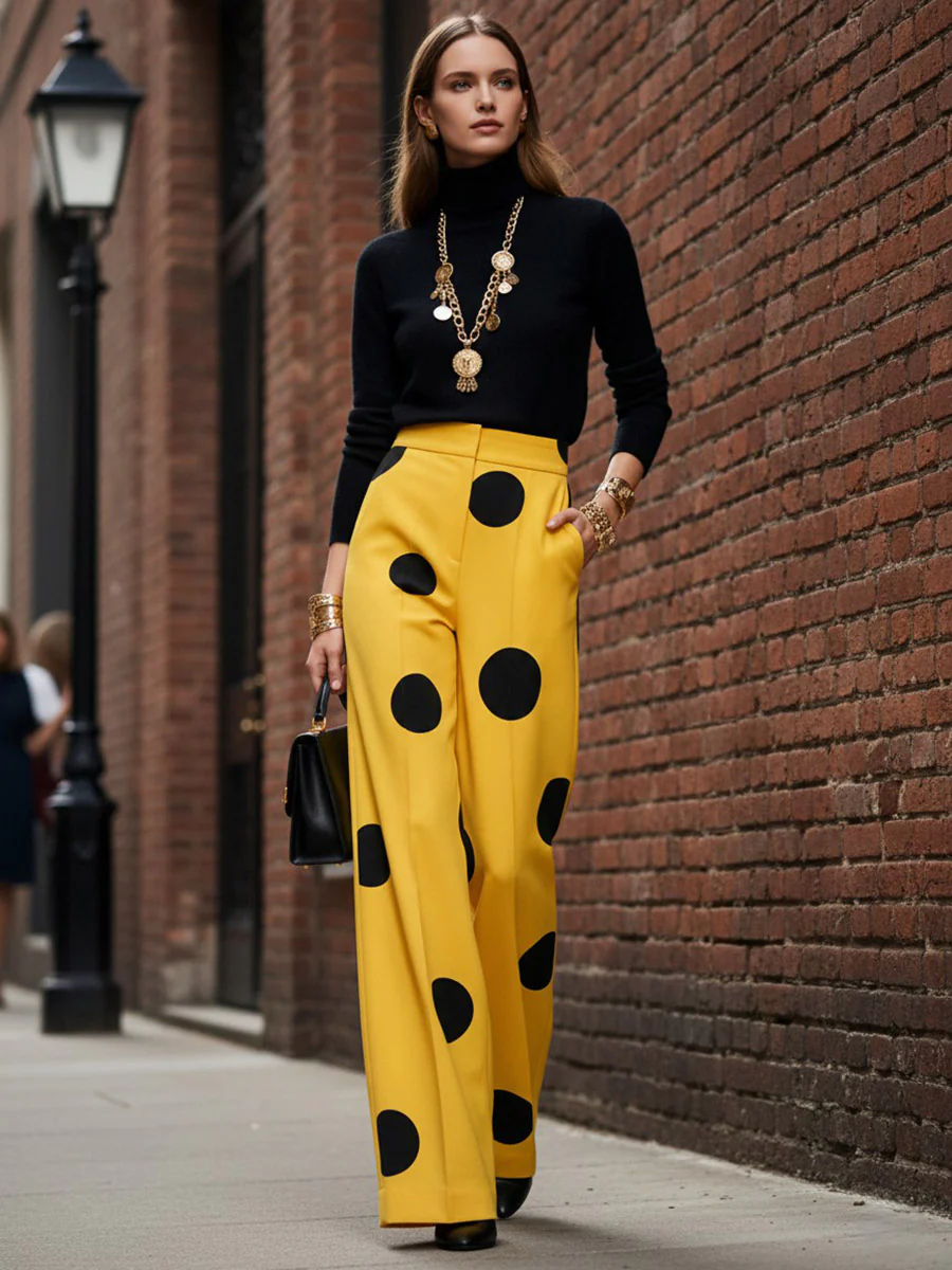 Elasticated Waist High Waisted Contrast Color Pockets Polka-Dot Split-Joint Pants - Image 4