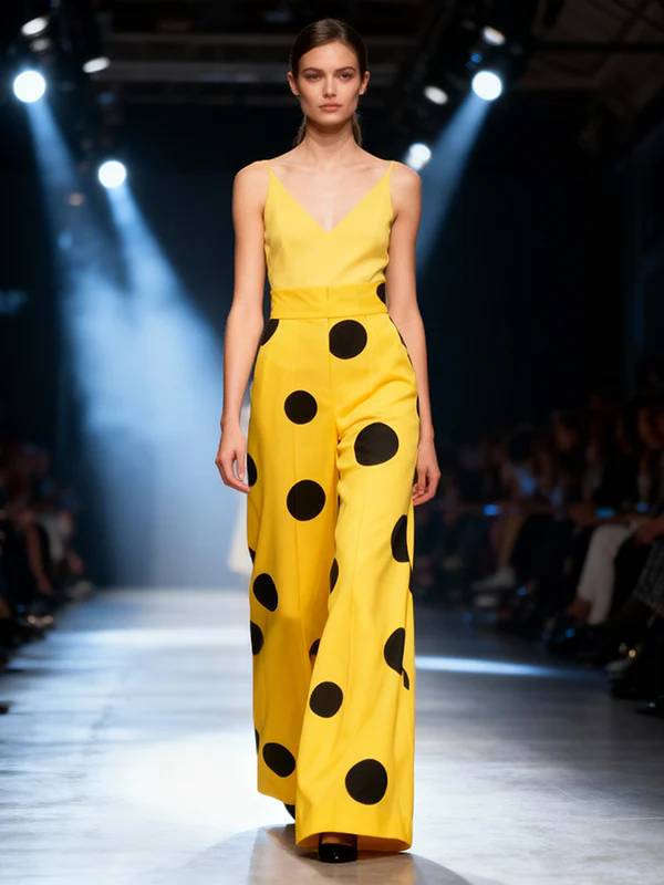 Elasticated Waist High Waisted Contrast Color Pockets Polka-Dot Split-Joint Pants - Image 5