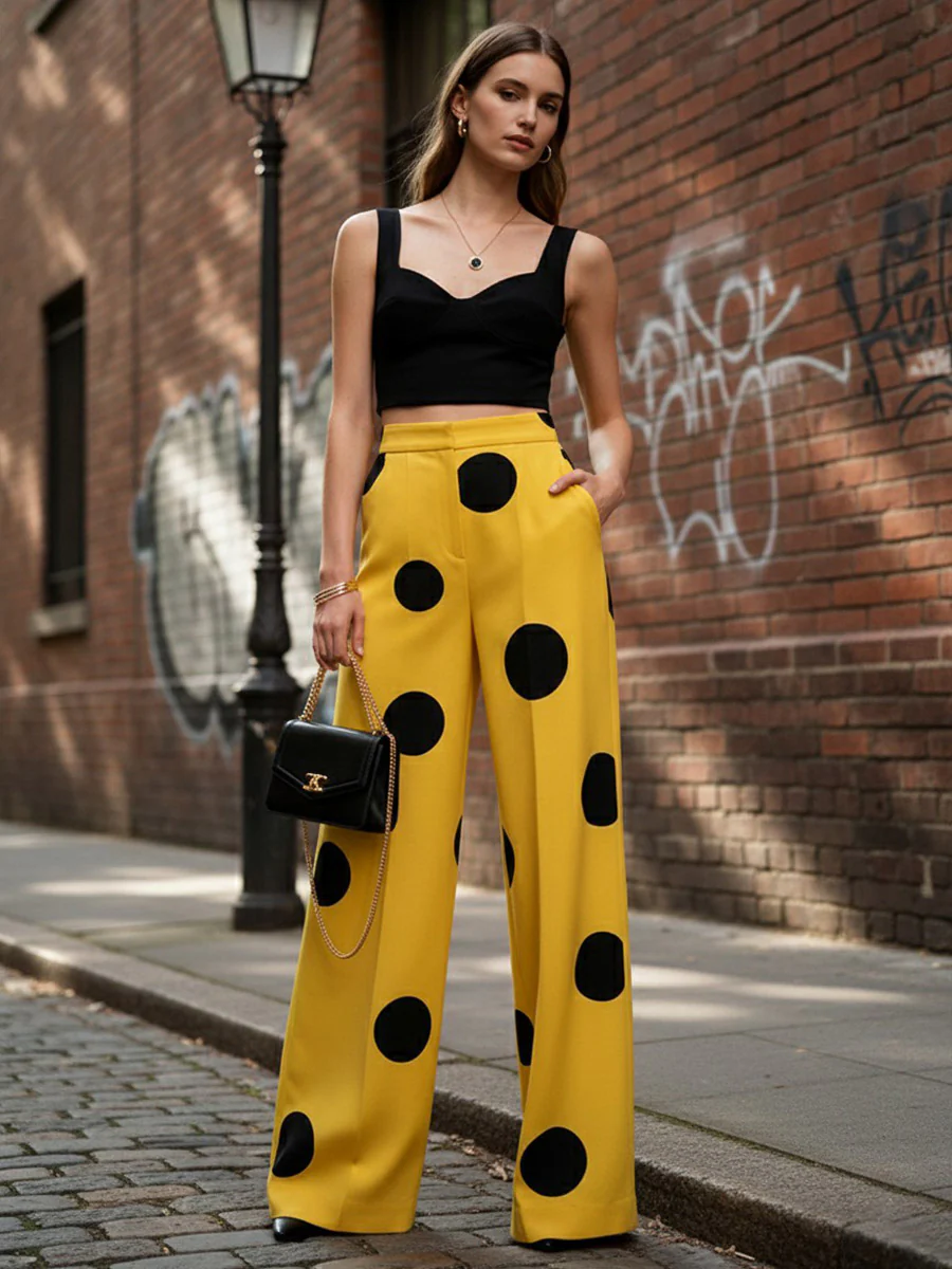 Elasticated Waist High Waisted Contrast Color Pockets Polka-Dot Split-Joint Pants - Image 6