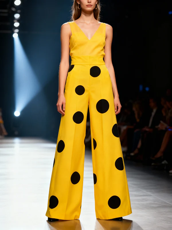 Elasticated Waist High Waisted Contrast Color Pockets Polka-Dot Split-Joint Pants - Image 7