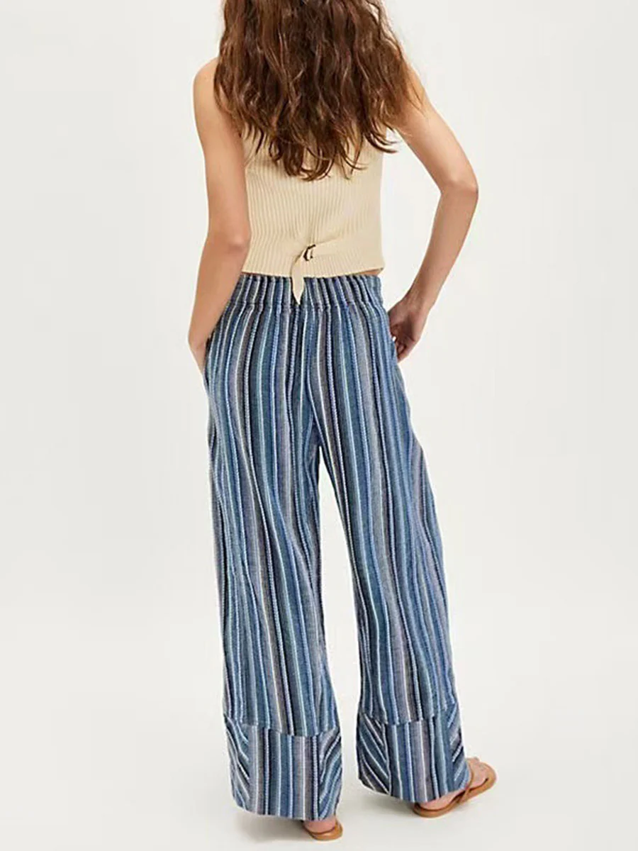 Elasticated Waist High Waisted Contrast Color Printed Split-Joint Striped Pants - Image 10