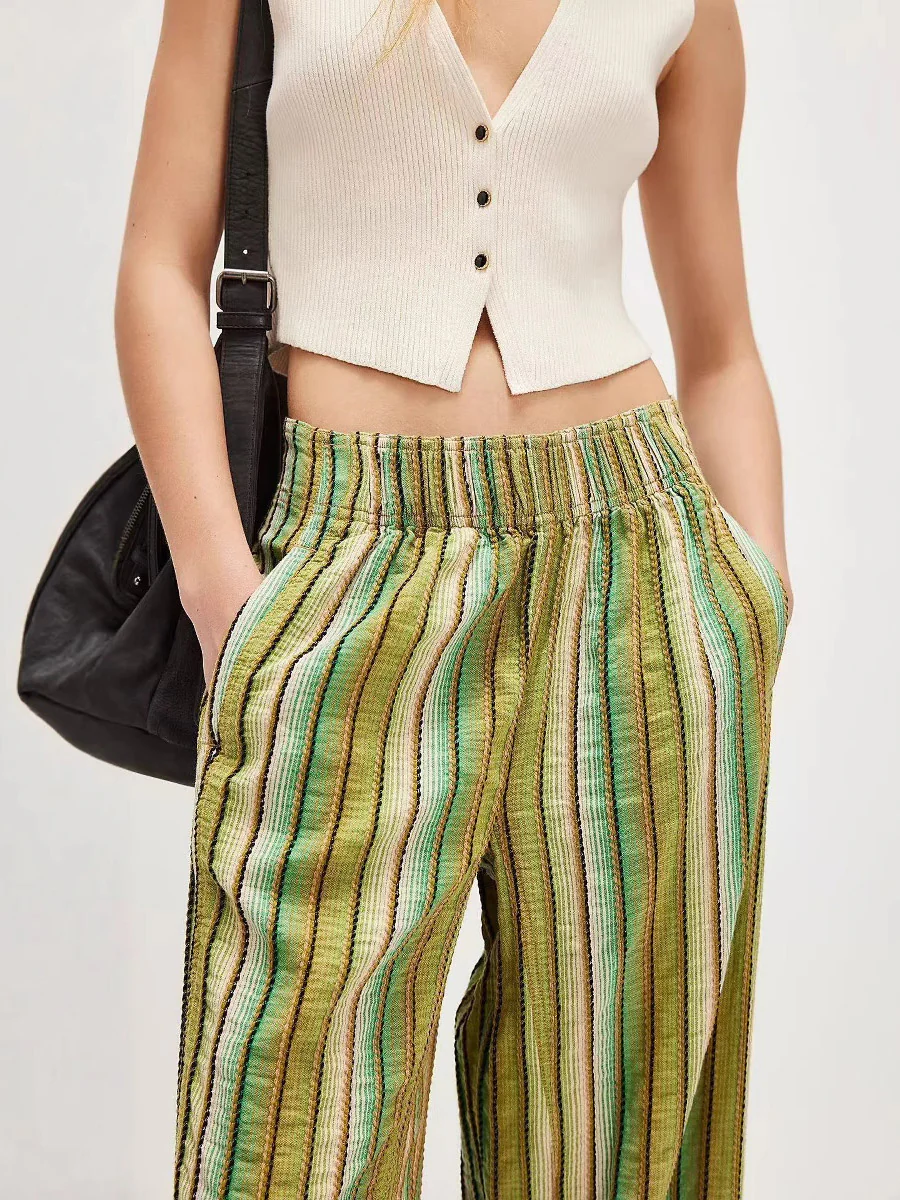 Elasticated Waist High Waisted Contrast Color Printed Split-Joint Striped Pants - Image 11