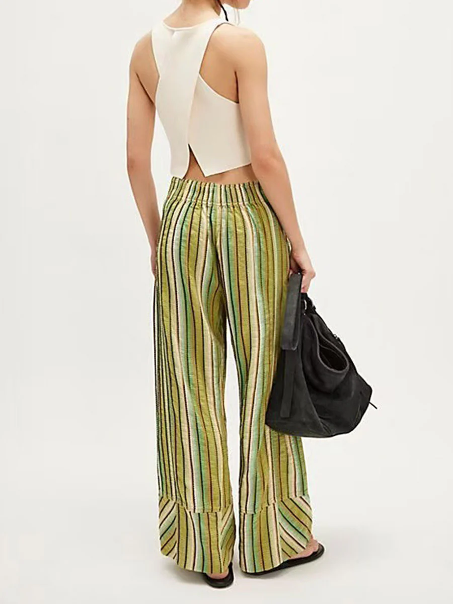 Elasticated Waist High Waisted Contrast Color Printed Split-Joint Striped Pants - Image 12