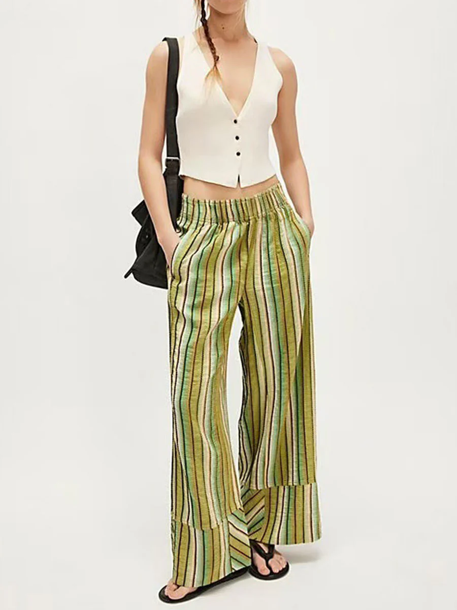 Elasticated Waist High Waisted Contrast Color Printed Split-Joint Striped Pants - Image 2