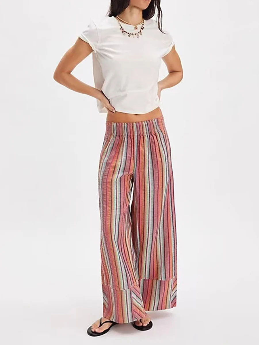 Elasticated Waist High Waisted Contrast Color Printed Split-Joint Striped Pants - Image 6