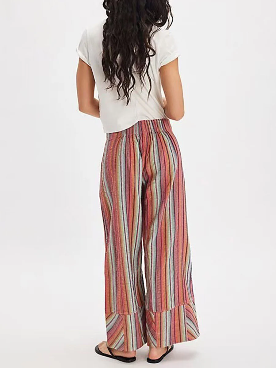 Elasticated Waist High Waisted Contrast Color Printed Split-Joint Striped Pants - Image 7