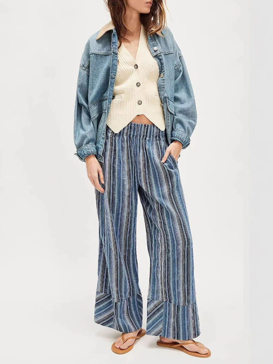 Elasticated Waist High Waisted Contrast Color Printed Split-Joint Striped Pants - Image 8