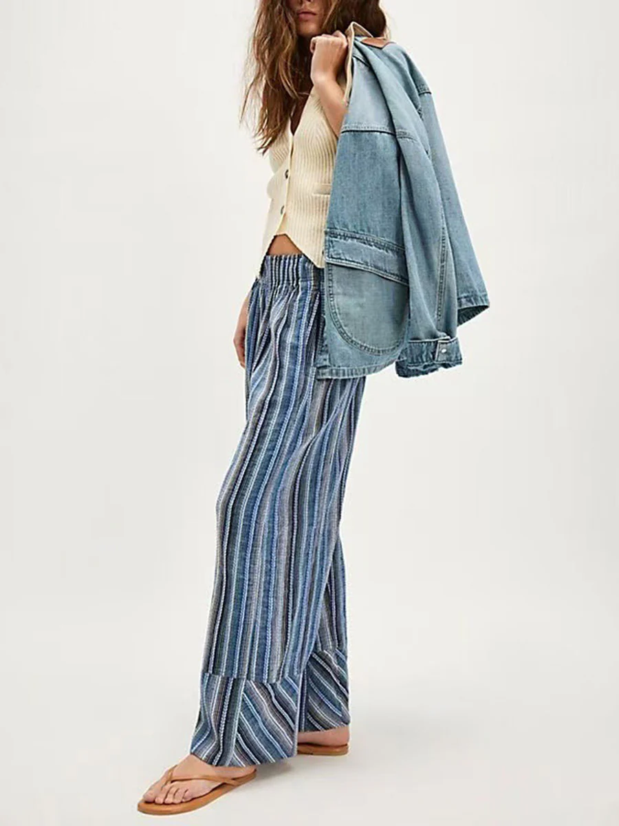 Elasticated Waist High Waisted Contrast Color Printed Split-Joint Striped Pants - Image 9