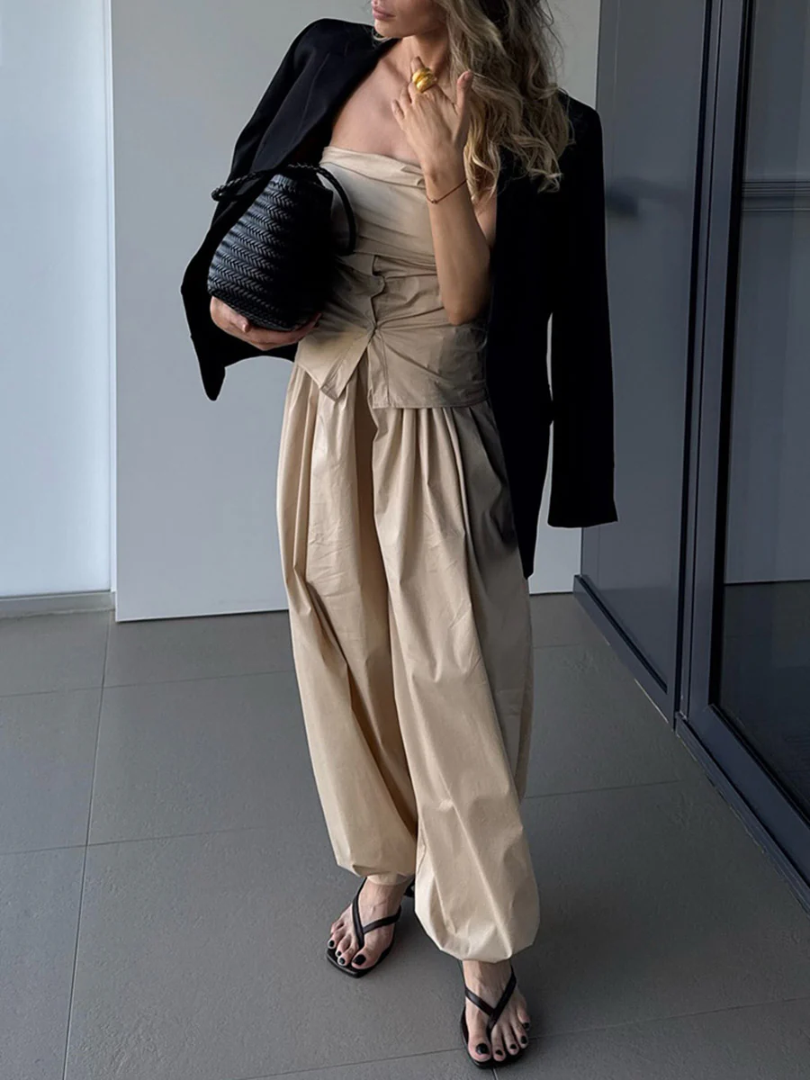 Elasticated Waist High Waisted Drawstring Pleated Solid Color Ankle-Tied Pants - Image 10