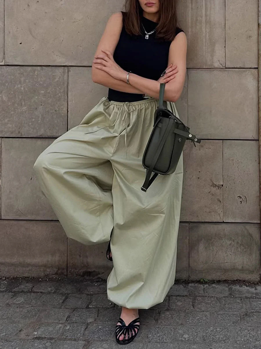Elasticated Waist High Waisted Drawstring Pleated Solid Color Ankle-Tied Pants - Image 11
