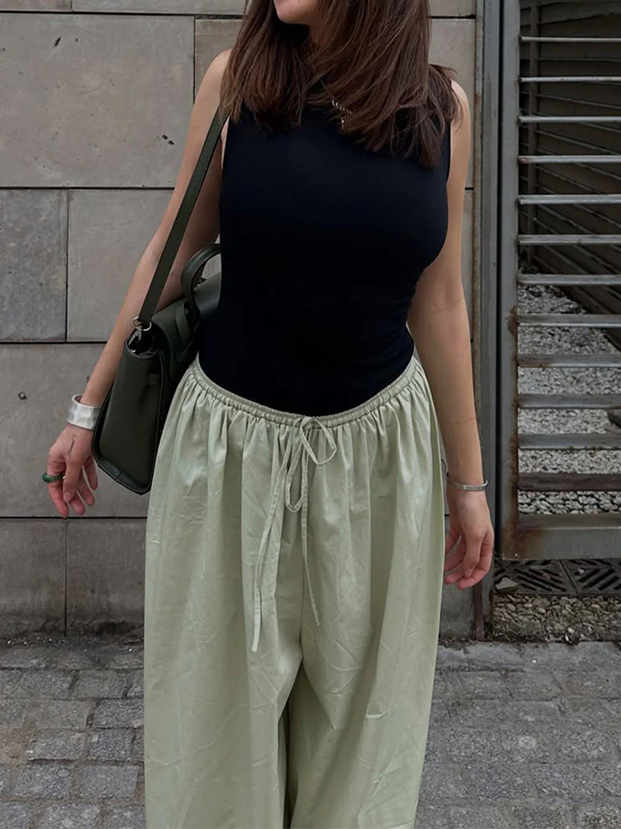 Elasticated Waist High Waisted Drawstring Pleated Solid Color Ankle-Tied Pants - Image 12