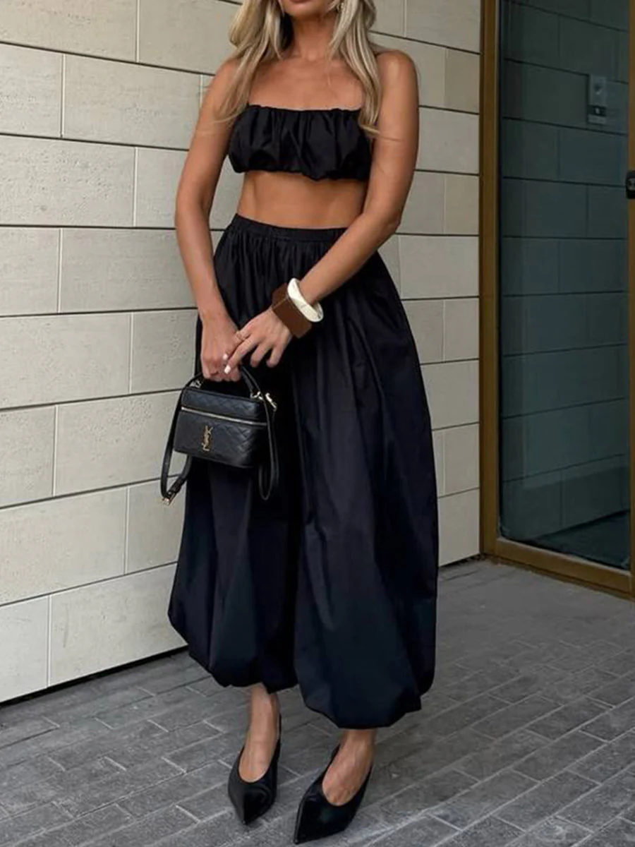 Elasticated Waist High Waisted Drawstring Pleated Solid Color Ankle-Tied Pants - Image 16