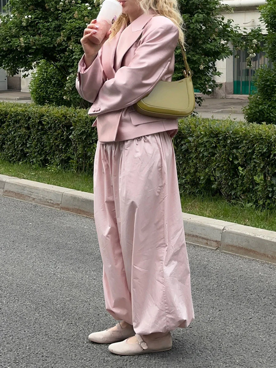 Elasticated Waist High Waisted Drawstring Pleated Solid Color Ankle-Tied Pants - Image 17