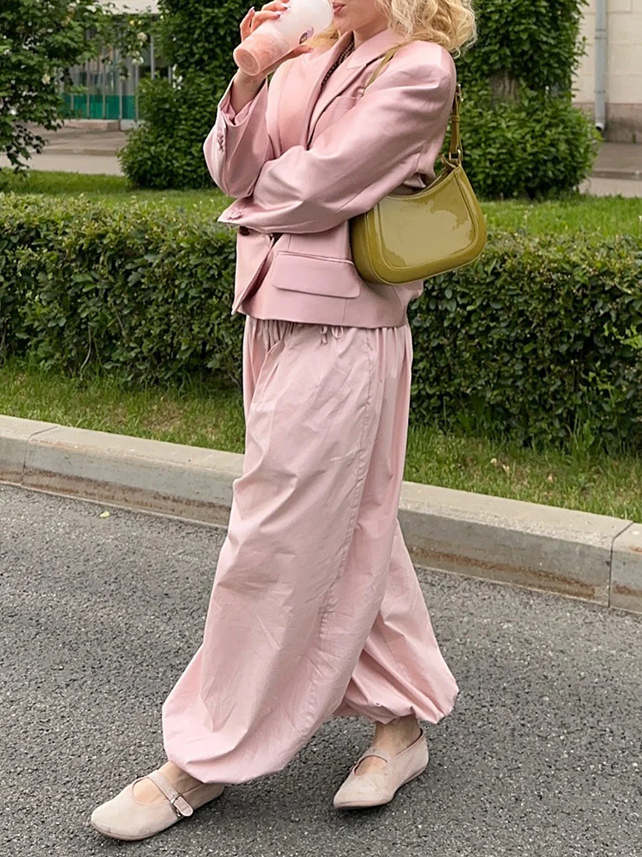 Elasticated Waist High Waisted Drawstring Pleated Solid Color Ankle-Tied Pants - Image 19