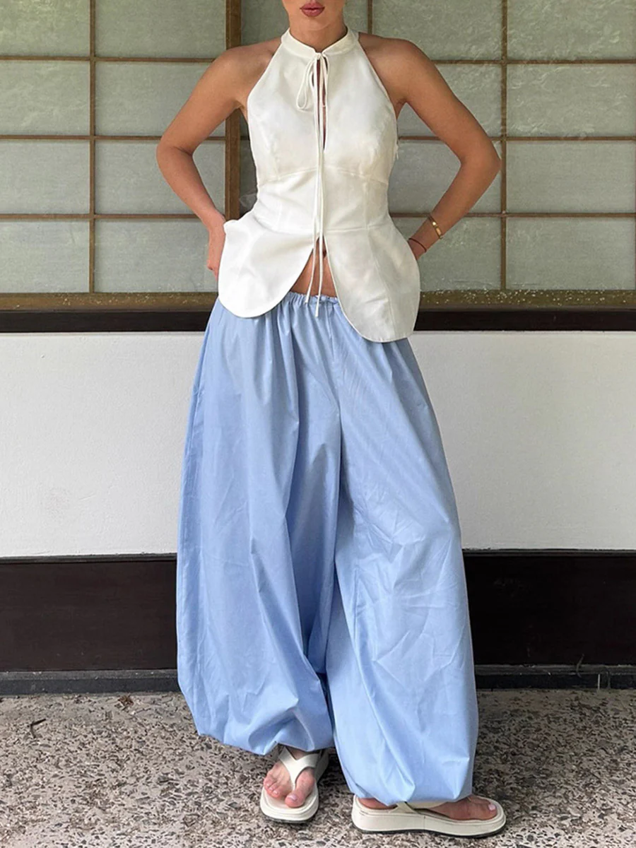 Elasticated Waist High Waisted Drawstring Pleated Solid Color Ankle-Tied Pants - Image 2