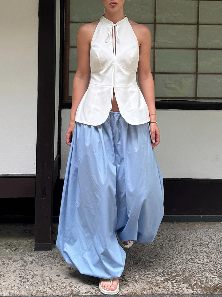 Elasticated Waist High Waisted Drawstring Pleated Solid Color Ankle-Tied Pants - Image 21
