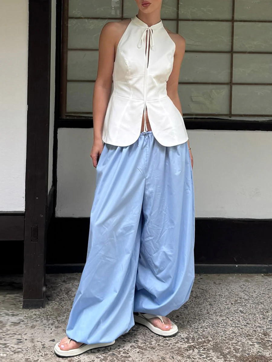 Elasticated Waist High Waisted Drawstring Pleated Solid Color Ankle-Tied Pants - Image 22