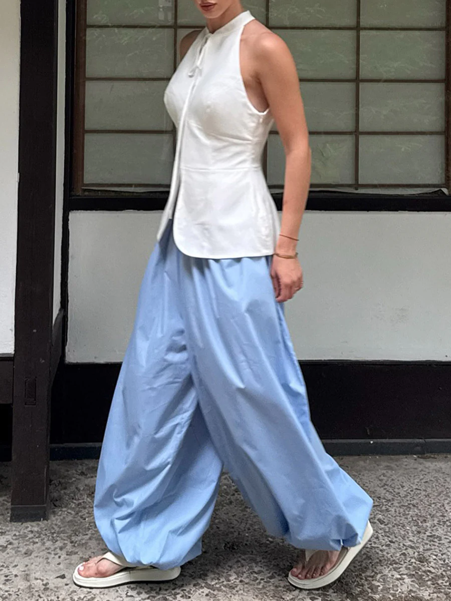 Elasticated Waist High Waisted Drawstring Pleated Solid Color Ankle-Tied Pants - Image 23