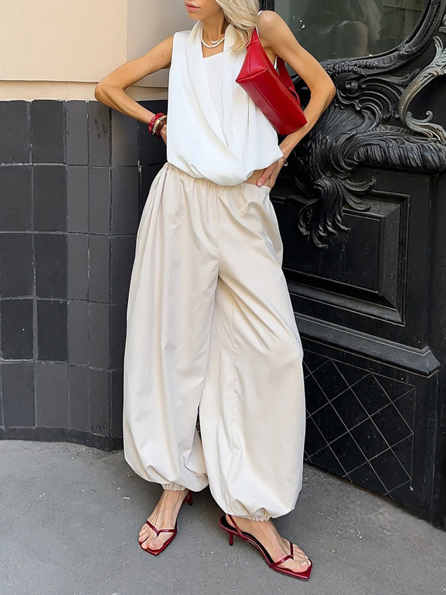 Elasticated Waist High Waisted Drawstring Pleated Solid Color Ankle-Tied Pants - Image 3