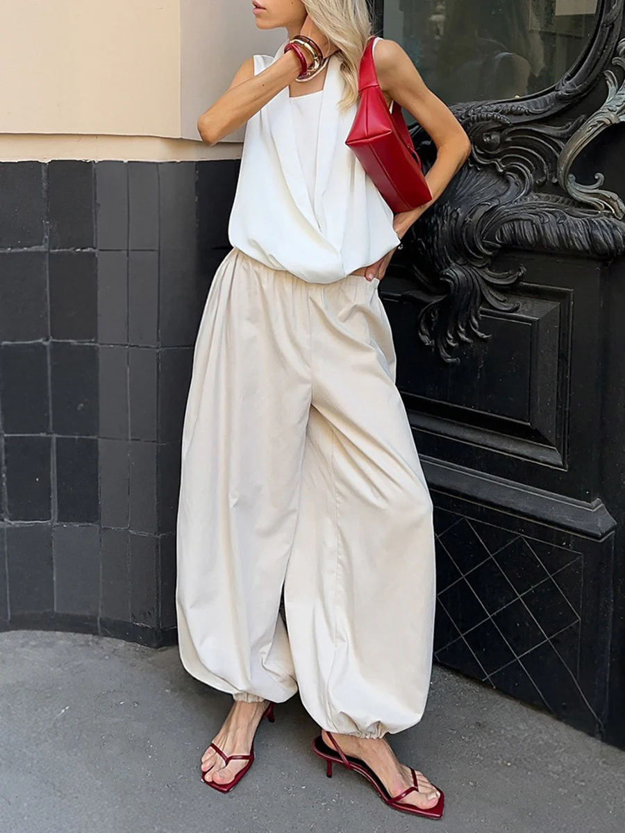 Elasticated Waist High Waisted Drawstring Pleated Solid Color Ankle-Tied Pants - Image 4