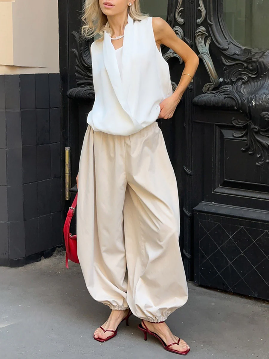 Elasticated Waist High Waisted Drawstring Pleated Solid Color Ankle-Tied Pants - Image 5