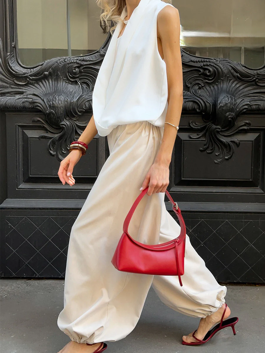 Elasticated Waist High Waisted Drawstring Pleated Solid Color Ankle-Tied Pants - Image 6