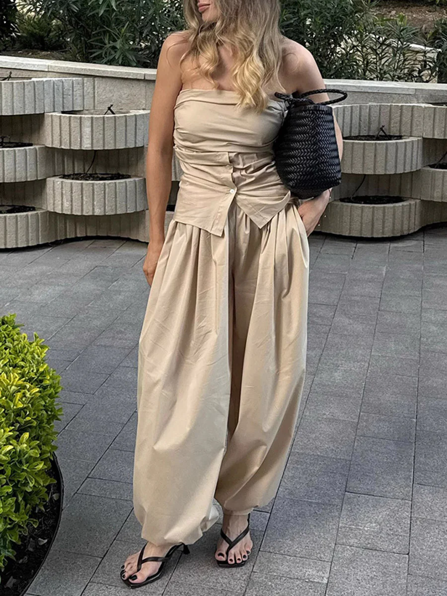 Elasticated Waist High Waisted Drawstring Pleated Solid Color Ankle-Tied Pants - Image 8