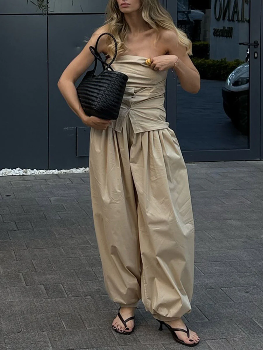 Elasticated Waist High Waisted Drawstring Pleated Solid Color Ankle-Tied Pants - Image 9