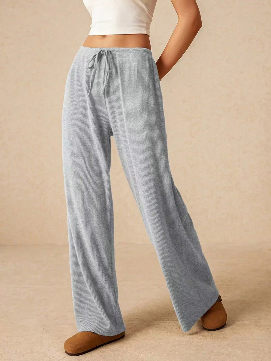 Elasticated Waist High Waisted Drawstring Solid Color Split-Joint Pants Trousers - Image 10