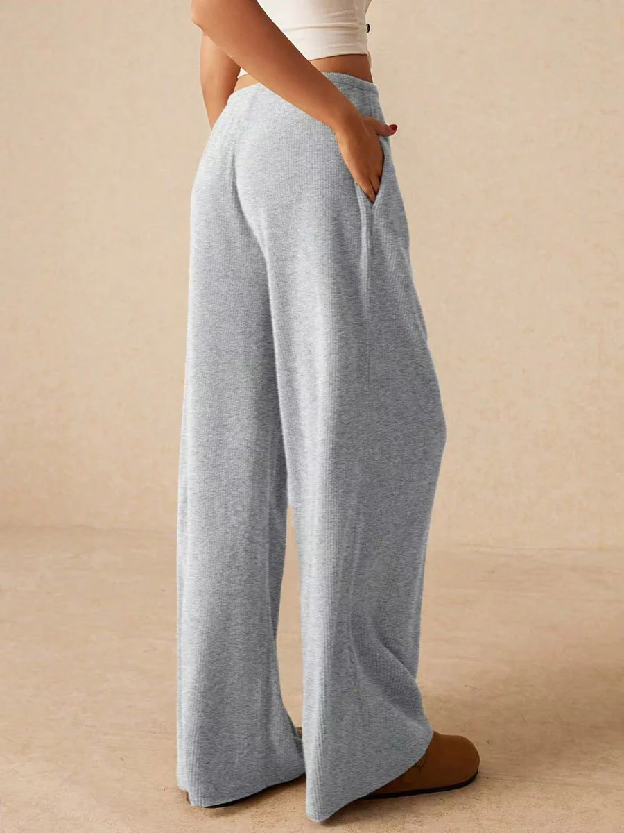 Elasticated Waist High Waisted Drawstring Solid Color Split-Joint Pants Trousers - Image 11
