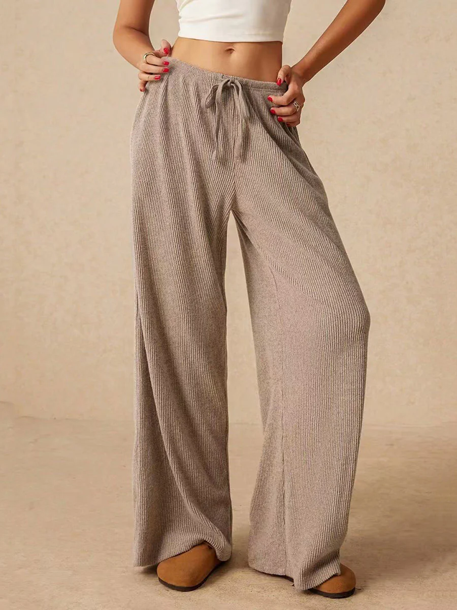 Elasticated Waist High Waisted Drawstring Solid Color Split-Joint Pants Trousers - Image 12