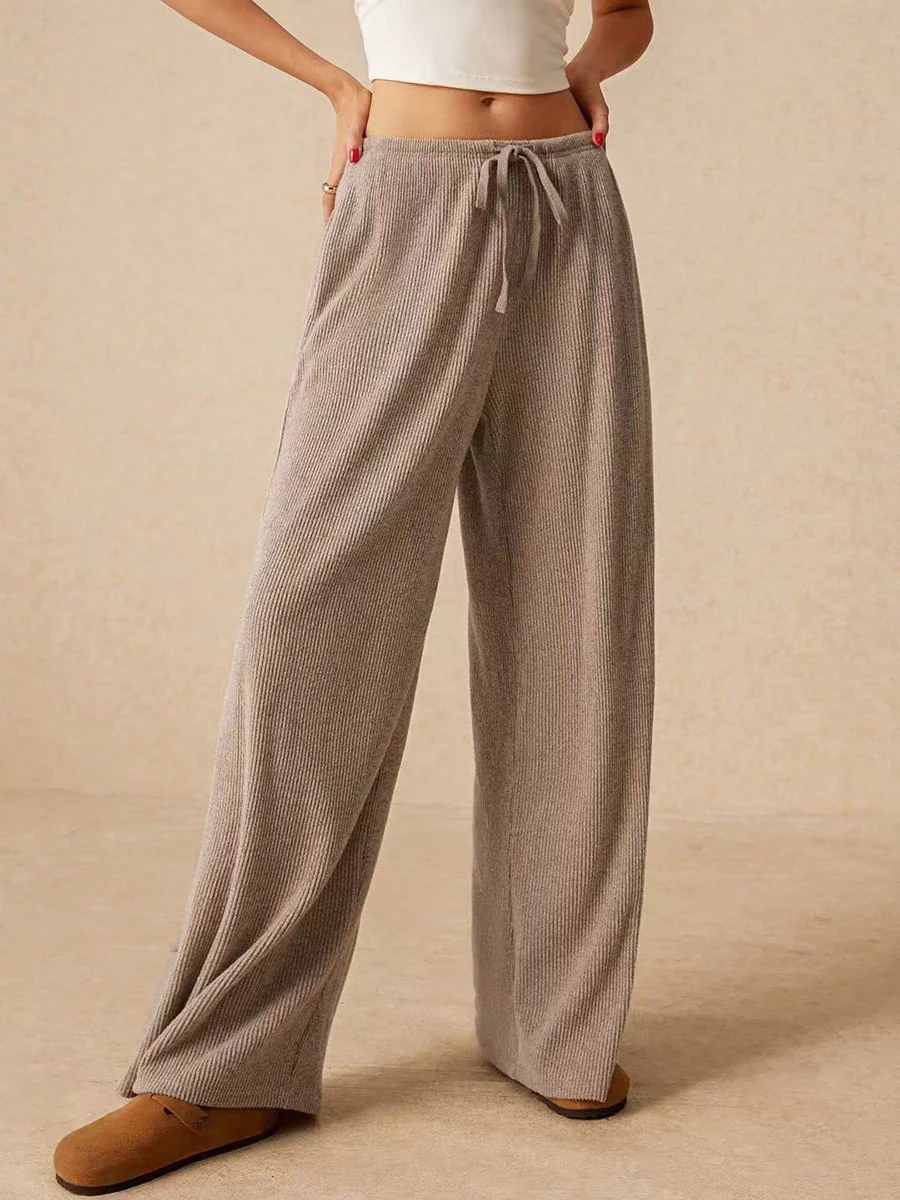 Elasticated Waist High Waisted Drawstring Solid Color Split-Joint Pants Trousers - Image 13