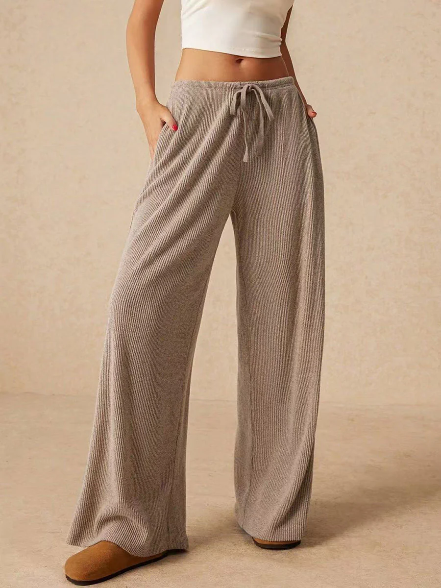 Elasticated Waist High Waisted Drawstring Solid Color Split-Joint Pants Trousers - Image 14