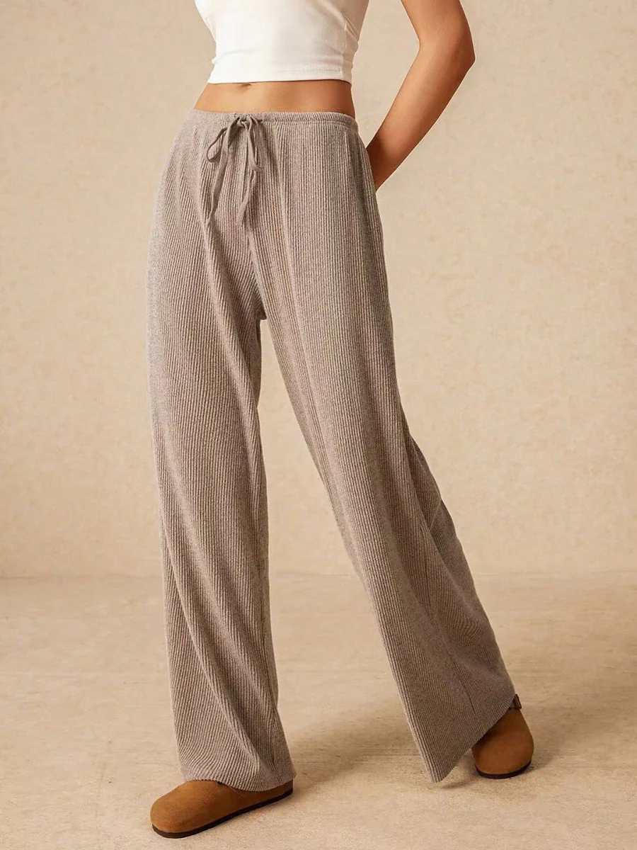 Elasticated Waist High Waisted Drawstring Solid Color Split-Joint Pants Trousers - Image 15