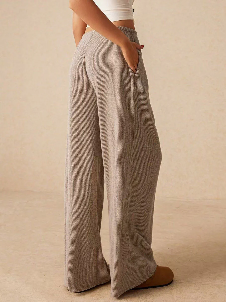Elasticated Waist High Waisted Drawstring Solid Color Split-Joint Pants Trousers - Image 16