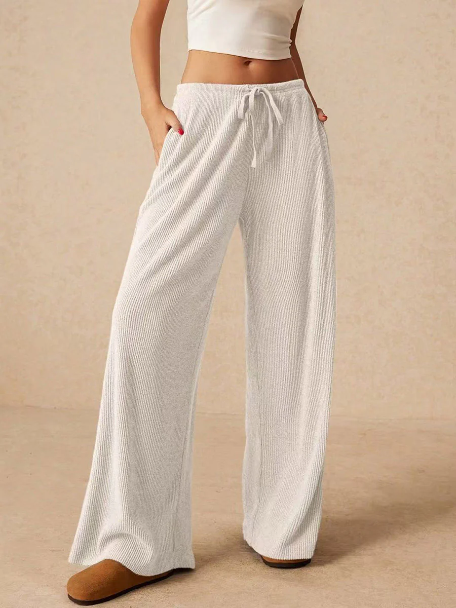 Elasticated Waist High Waisted Drawstring Solid Color Split-Joint Pants Trousers - Image 17