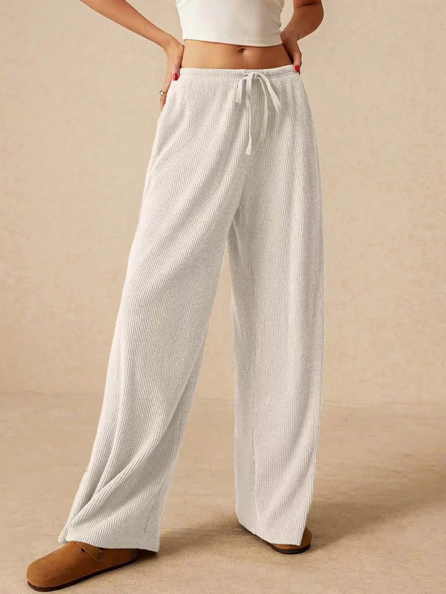 Elasticated Waist High Waisted Drawstring Solid Color Split-Joint Pants Trousers - Image 18